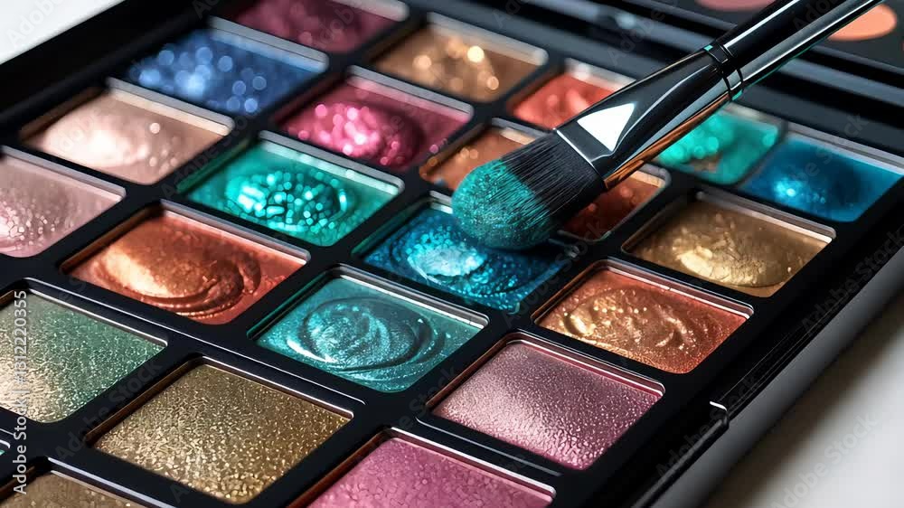 Colorful makeup eyeshadow palette with a soft brush applying glittery pigments

