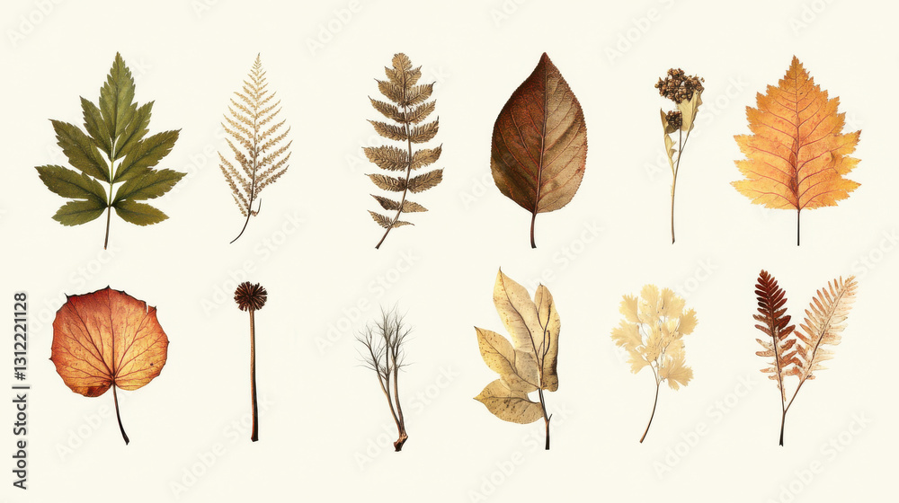 A set of dried botanical specimens, including various leaf types with intricate details, placed against a muted background A set of dried botanical specimens, including various leaf types with intricate details, placed against a muted background