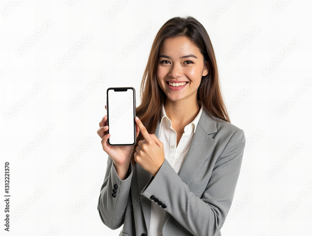 Smiling businesswoman in gray suit holding smartphone with blank screen, professional presentation against white background Smiling businesswoman in gray suit holding smartphone with blank screen, professional presentation against white background