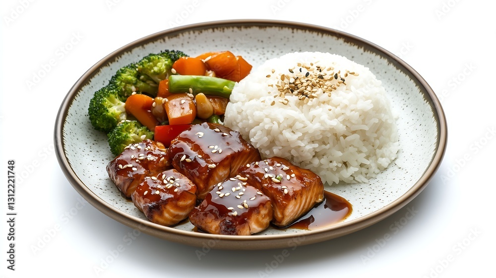 Rice with grilled salmon teriyaki sauce and mixed vegetables, ceramic plate white background Rice with grilled salmon teriyaki sauce and mixed vegetables, ceramic plate white background