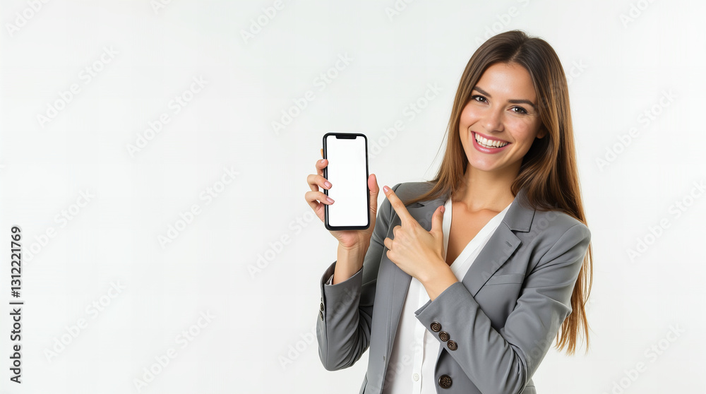 Cheerful businesswoman in gray suit presenting smartphone with blank screen, professional and confident against white background Cheerful businesswoman in gray suit presenting smartphone with blank screen, professional and confident against white background