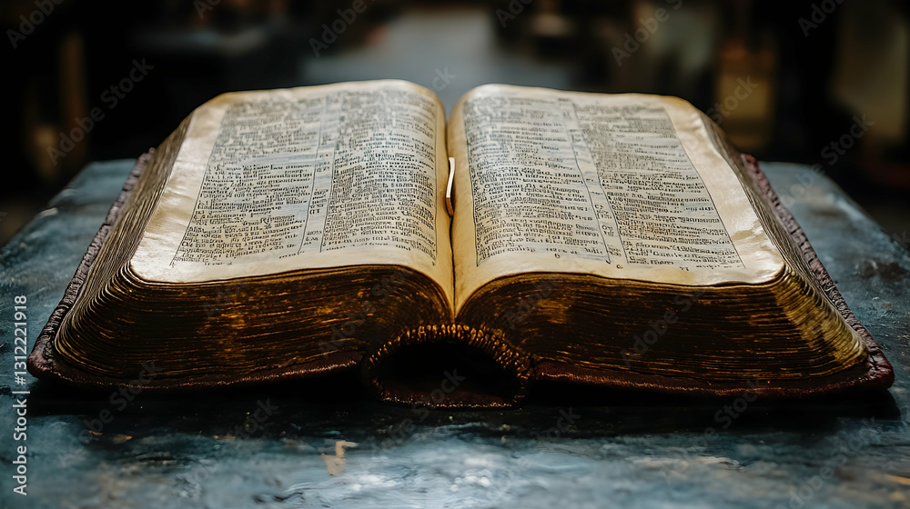 Obraz premium Open antique bible on dark surface