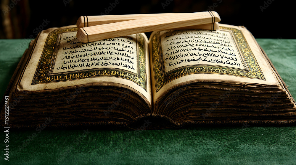 Fototapeta premium Open ancient book with wooden pointers on green cloth.