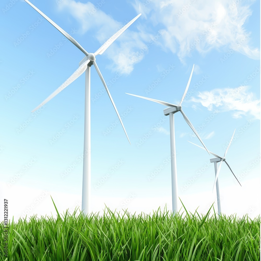 Green energy wind turbines with fresh grass and blue sky isolated on white background Green energy wind turbines with fresh grass and blue sky isolated on white background