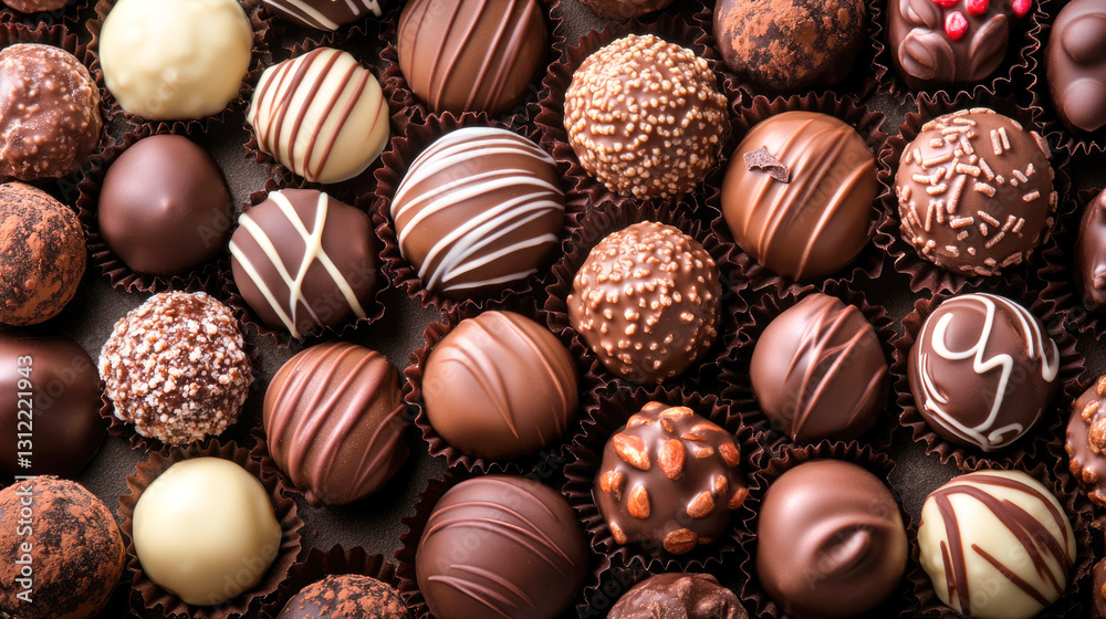 Assorted chocolate truffles with various toppings and textures Assorted chocolate truffles with various toppings and textures
