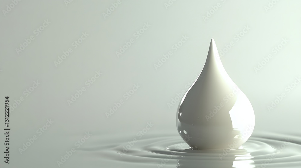 Fototapeta premium Single glossy white droplet entering a smooth white liquid surface