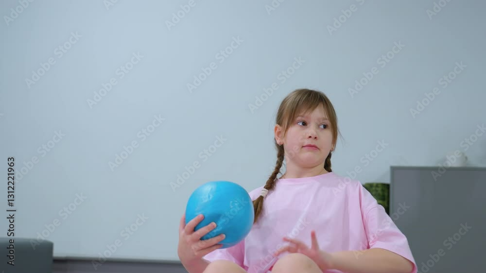 Child in pink sits on blue stability ball, holding blue balloon while preparing to throw it, background features gym equipment, adding depth to the fitness environment Child in pink sits on blue stability ball, holding blue balloon while preparing to throw it, background features gym equipment, adding depth to the fitness environment