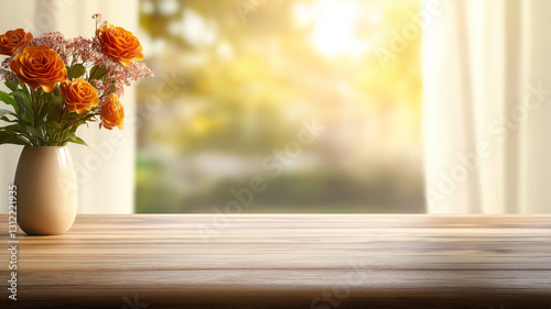 beautiful vase with orange roses sits on wooden table, creating warm and inviting atmosphere. soft sunlight filters through curtains, enhancing serene ambiance