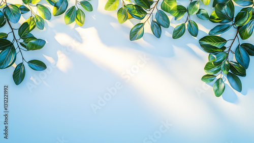 Lush green leaves casting shadows on light blue background create serene and calming atmosphere. interplay of light and shadow enhances natural beauty of foliage