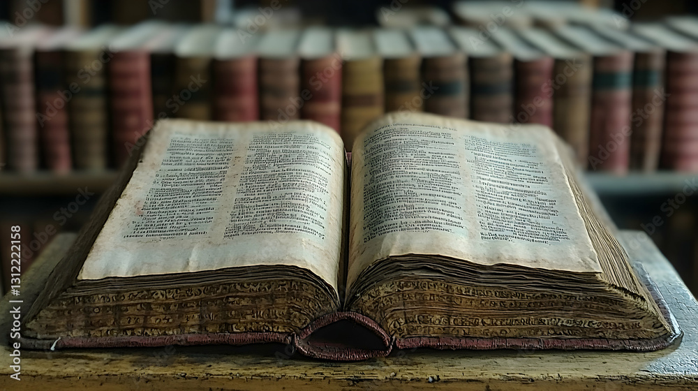 Obraz premium Open Antique Book in Library