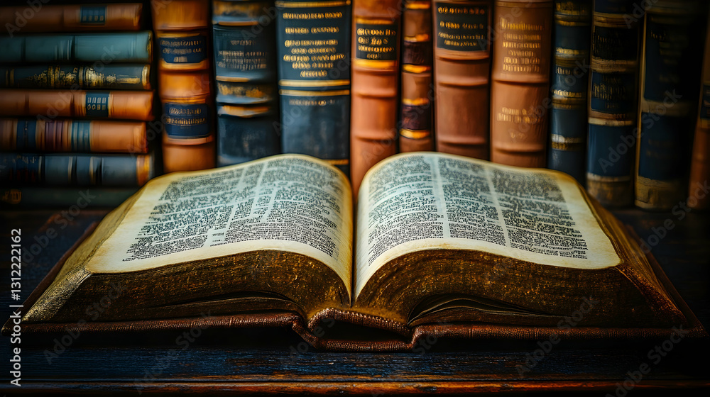 Obraz premium Open antique book in library setting