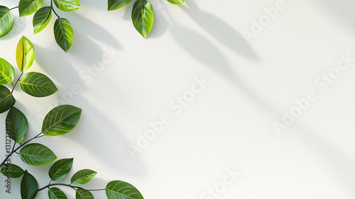 Lush green leaves create vibrant abstract background with soft shadows on light surface, evoking sense of tranquility and nature beauty