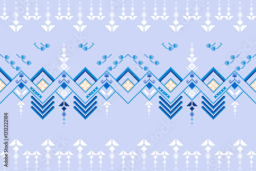 Ukrainian cross stitch design.Flower pixel pattern. This design is suitable for fabric printing. Modern traditional ethnic art vector illustration. Blue, white, light blue background.seamless pattern