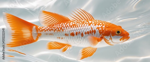 Fish with orange and white spots is swimming in the water.