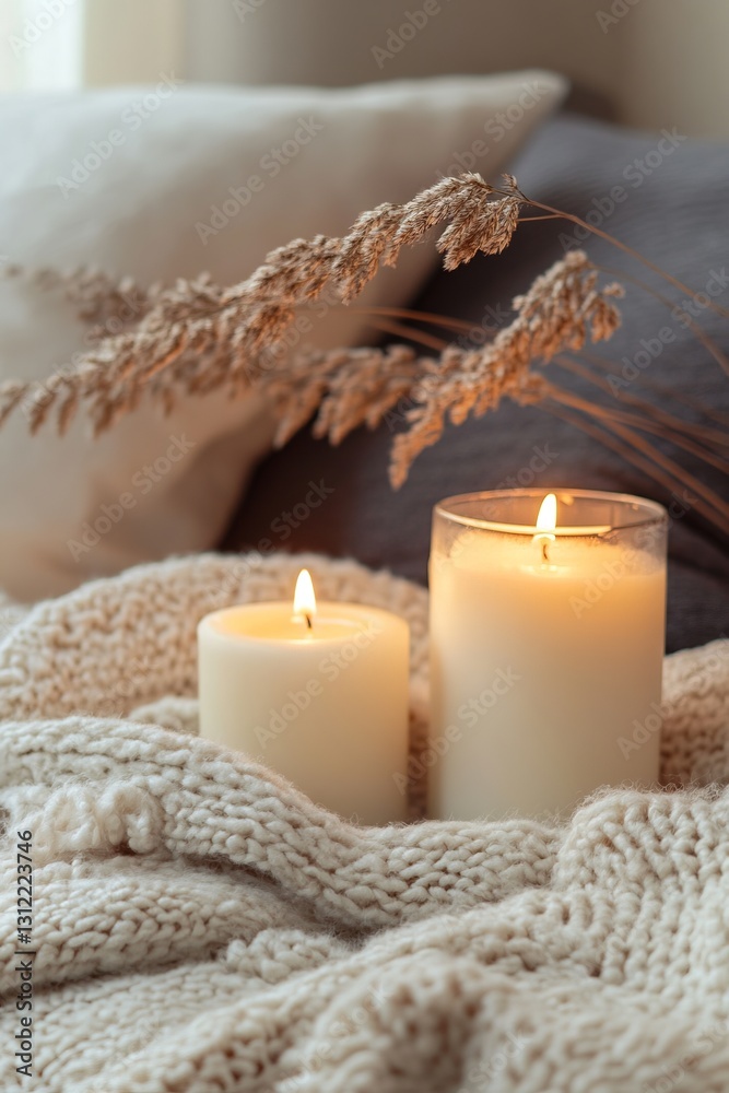 Lit candles on a knitted blanket, creating a cozy and warm ambiance in a modern home interior.