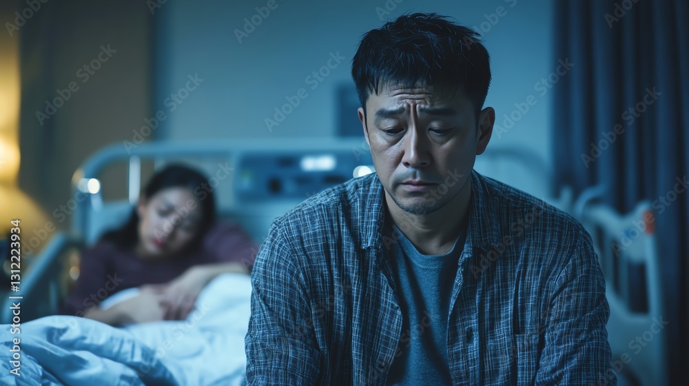 Fototapeta premium Focus Middle man sad sitting and wife sleeping on bed hospital background