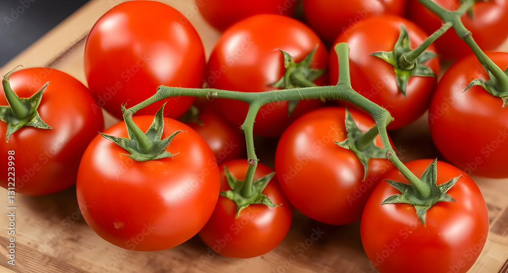 Bright red tomatoes with green stems on a wooden cutting board. Fresh and juicy composition Bright red tomatoes with green stems on a wooden cutting board. Fresh and juicy composition