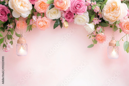 Elegant floral backdrop with hanging lanterns, featuring pink and white roses, peonies, and greenery, creating romantic atmosphere for events or photography