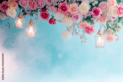 Elegant floral backdrop with hanging lanterns, featuring pink and white roses, creating romantic atmosphere. Perfect for events or photography