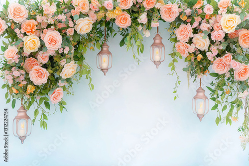 Elegant floral backdrop with hanging lanterns, featuring soft pink and peach roses, delicate greenery, and serene blue background, creating romantic atmosphere