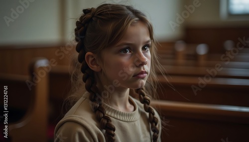 contemplative girl with long braided hair in a church pew. a young girl with long braided hair sits quietly in a wooden church pew