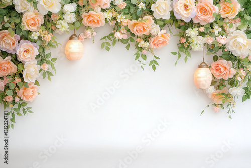 Elegant floral backdrop with hanging lanterns, featuring soft pastel roses and greenery, perfect for events or photography. serene atmosphere enhances any setting