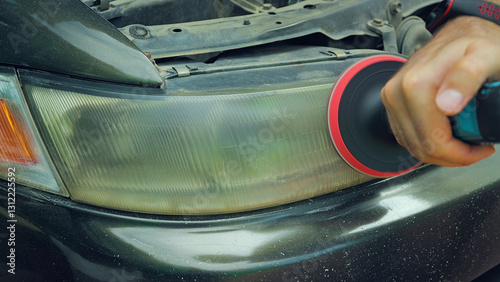 Close-up of a man using an electric drill with a polishing attachment to restore a cloudy and discolored car headlight. Polishing improves the clarity and appearance of the headlight. photo