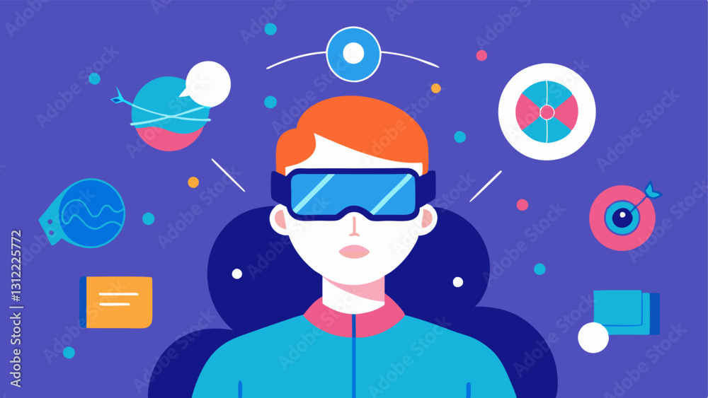 Virtual Reality Glasses A person wearing virtual reality glasses with digital elements flying around them showcasing immersive experiences for cognitive improvement. Virtual Reality Glasses A person wearing virtual reality glasses with digital elements flying around them showcasing immersive experiences for cognitive improvement.