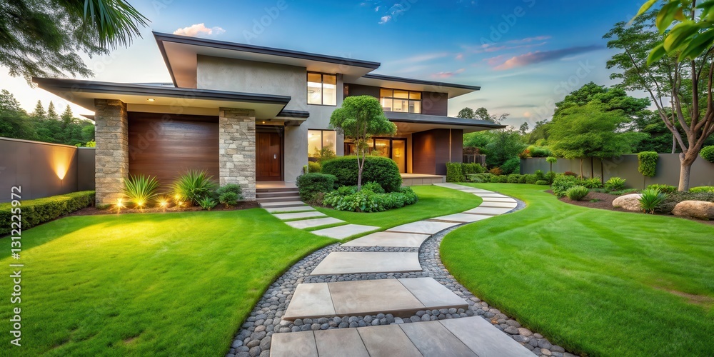 Naklejka premium Modern house with a lush green lawn and a winding stone pathway leading to a serene entrance, green space