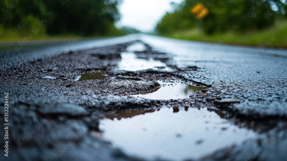 Fototapeta premium Potholes on the road after a rain, showcasing water-filled depressions and the uneven surface.