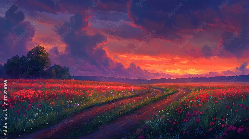 Obraz premium Tranquil Scene: Dirt Road in Vibrant Twilight Fields
