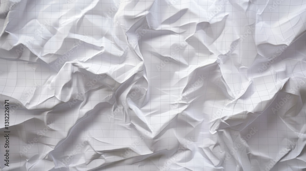 a piece of white paper crumpled with a subtle grid overlay, shown in fine detail. The folds and creases should be realistic a piece of white paper crumpled with a subtle grid overlay, shown in fine detail. The folds and creases should be realistic