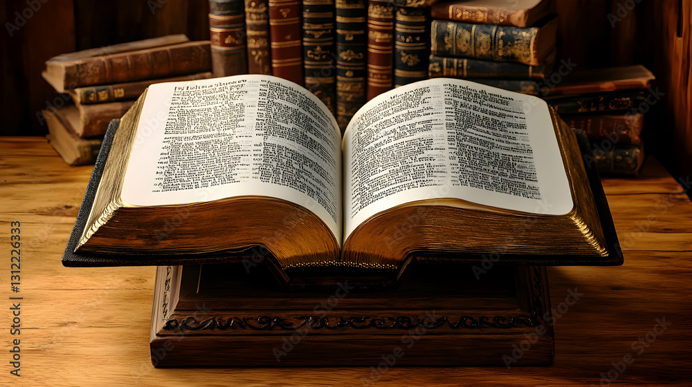 Obraz premium Open Bible on Wooden Stand Amidst Books (1)