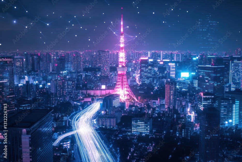 Fototapeta premium Tokyo cityscape at night with futuristic digital network overlay.