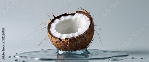 Freshly Cracked Coconut with Water Spill.