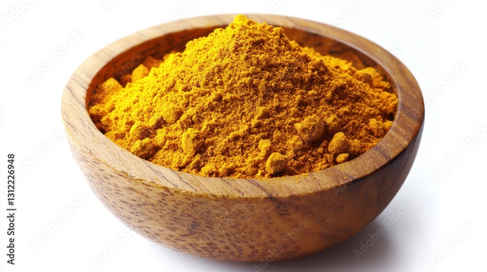Powdered turmeric in a wooden bowl, isolated on a white background. Powdered turmeric in a wooden bowl, isolated on a white background.