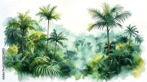 Watercolor illustration of rainforest plants outdoors in nature on a transparent background. high resolution PNG file