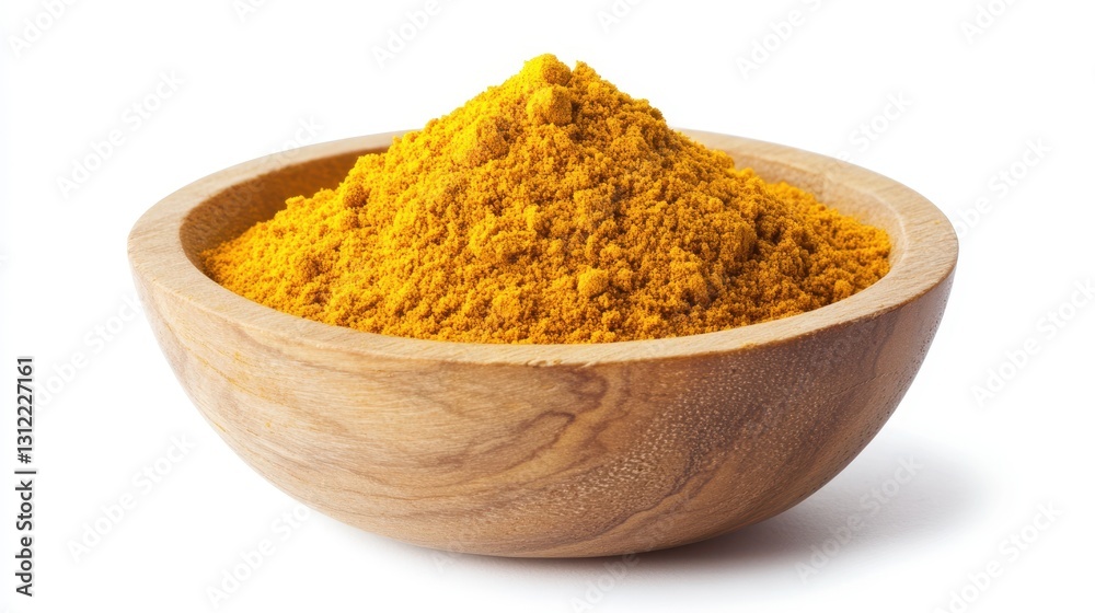 Powdered turmeric in a wooden bowl, isolated on a white background. Powdered turmeric in a wooden bowl, isolated on a white background.