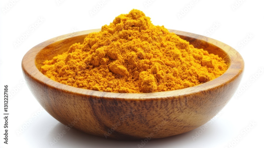 Powdered turmeric in a wooden bowl, isolated on a white background. Powdered turmeric in a wooden bowl, isolated on a white background.
