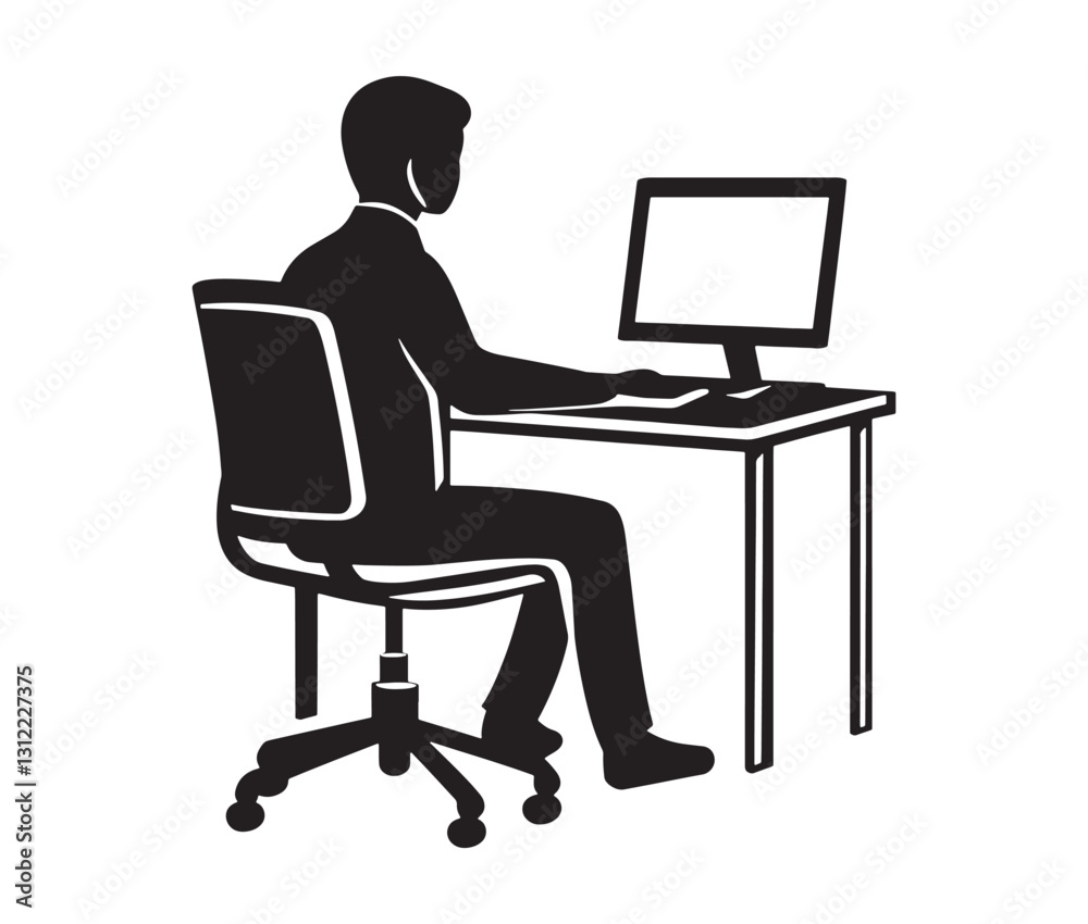 Businessman working on laptop. Working from home: remote job illustration. Computer desk setup a workplace icon. Businessman working on laptop. Working from home: remote job illustration. Computer desk setup a workplace icon.