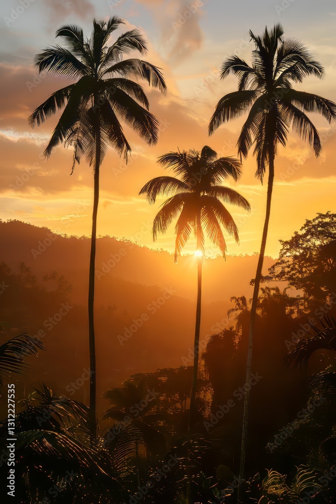 Obraz premium Tranquil silhouette of tropical trees against the setting sun.