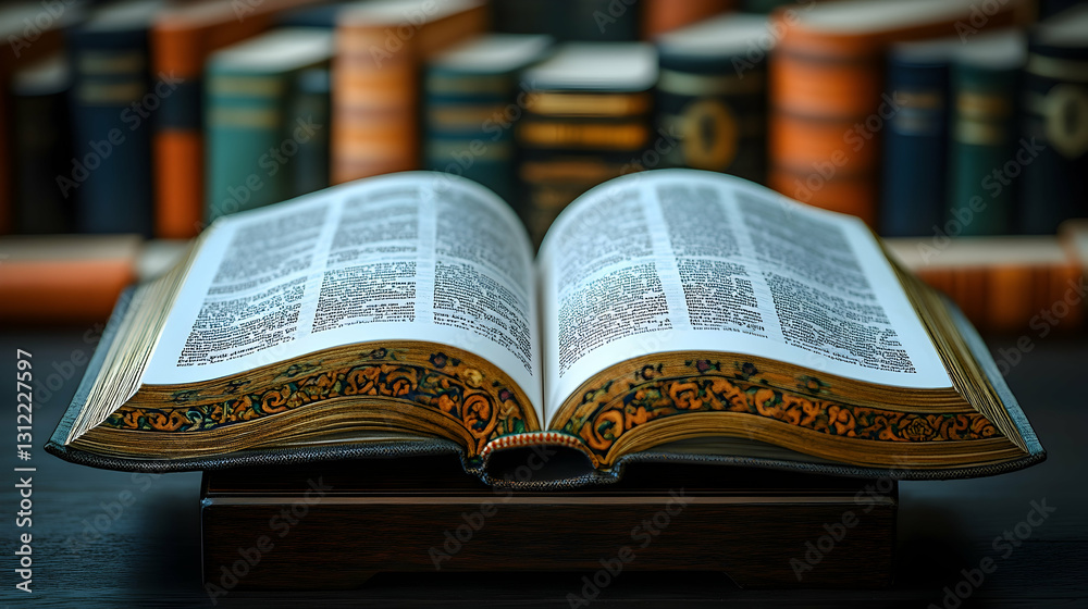 Obraz premium Open Book on Display in a Library