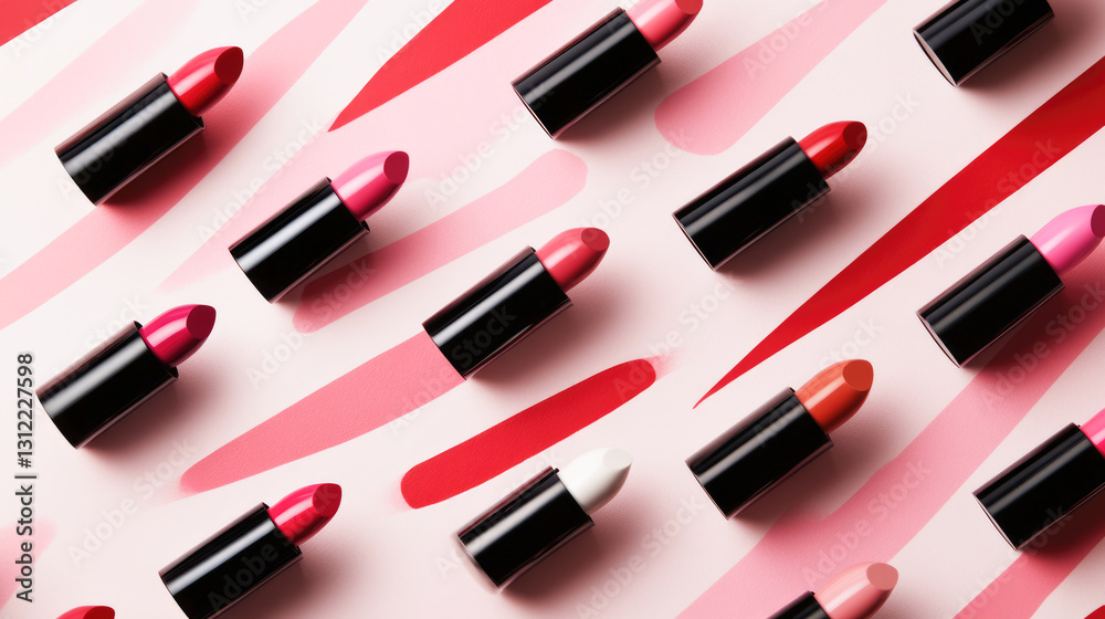 Colorful lipstick arrangement on patterned background
