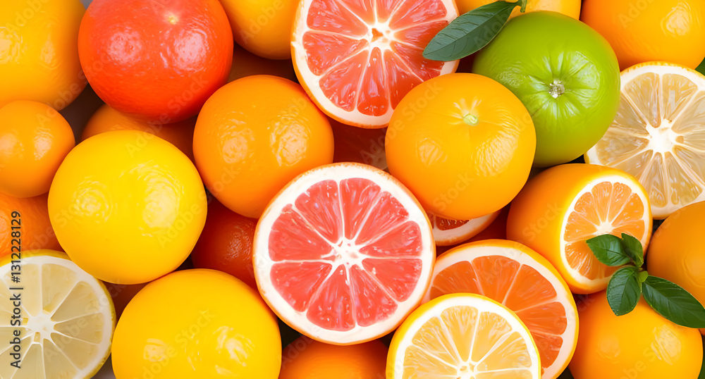 Fototapeta premium Juicy citrus fruits arranged on a platter, showcasing their vibrant colors