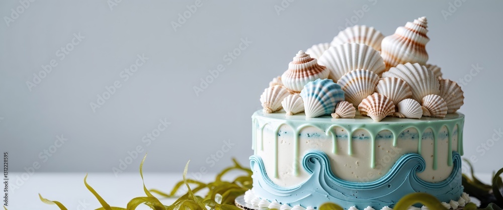 Obraz premium Delicious cake decorated with sea shells and ocean themed frosting.