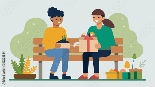 Two Friends Wrapping Gifts Two friends sitting on a park bench smiling as they wrap presents with recyclable paper and decorate with natural elements like pinecones and dried