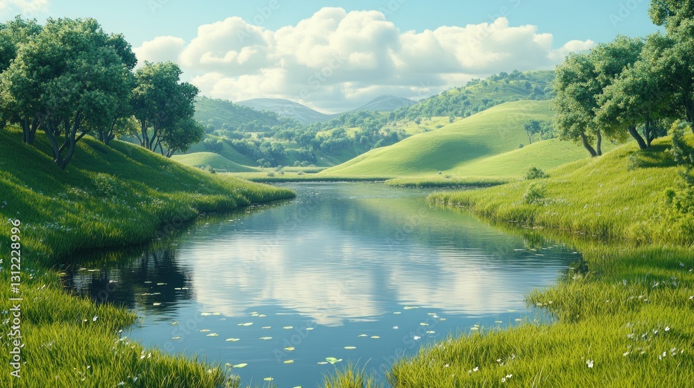 A serene landscape showcases a calm lake and verdant hills A serene landscape showcases a calm lake and verdant hills