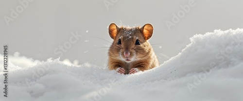 A small brown animal is peeking out from behind a snow bank. photo