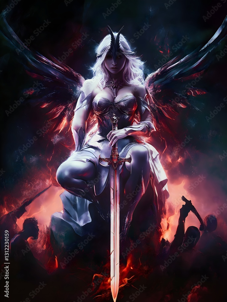 Naklejka premium Celestial Warrior: A majestic angelic warrior, embodying strength and grace, sits on a throne, a glowing sword at her side, surrounded by an ethereal aura of light and shadow.
