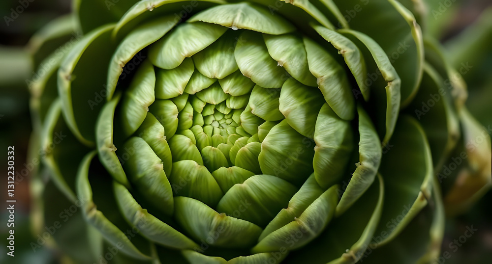 Soft green artichoke with layered leaves. Earthy and textured aesthetic